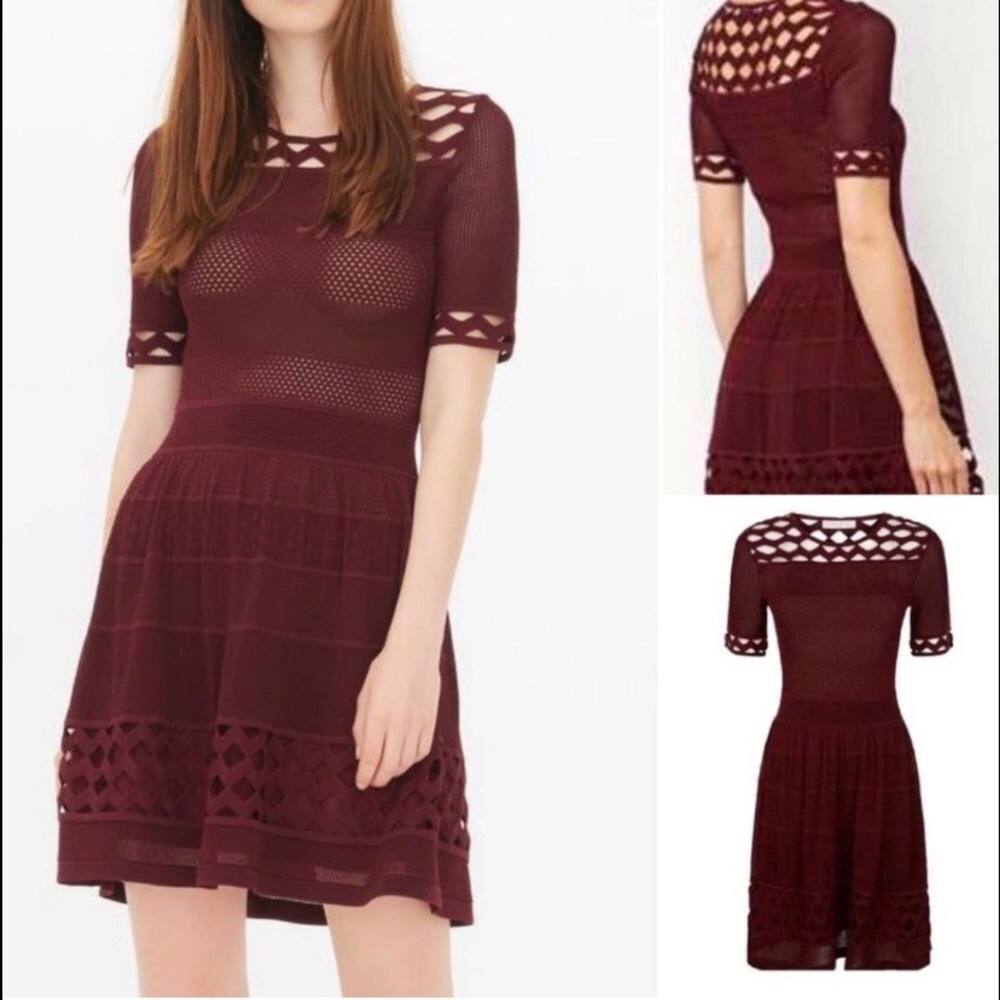 SOLD SANDRO Burgundy Laser Cut Top Mesh Short Sleeve Dress, Size S/ 4 - 6